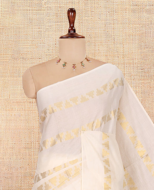 Borderless Cream Kerala Cotton Saree, Steeped with Temple Buttas, and a Matching Blouse