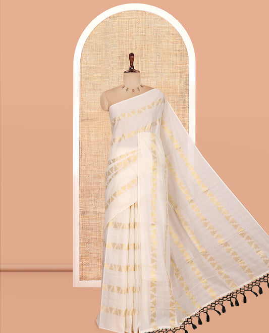 Borderless Cream Kerala Cotton Saree, Steeped with Temple Buttas, and a Matching Blouse