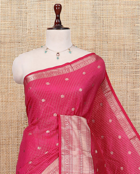 Pink Semi-Tussar Saree, Enriched with Zari Buttas and Checks, a Traditional Zari Border, and a Matching Blouse