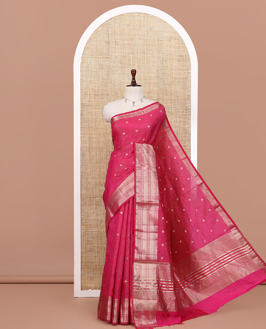 Pink Semi-Tussar Saree, Enriched with Zari Buttas and Checks, a Traditional Zari Border, and a Matching Blouse