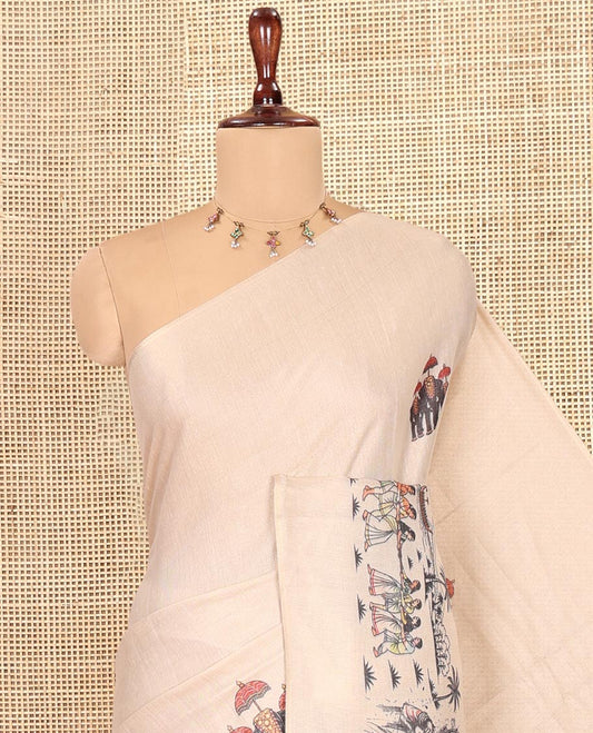 Borderless Gold Tissue Saree, Mesmerized with Kerala-Culture-Themed Print, and a Matching Blouse