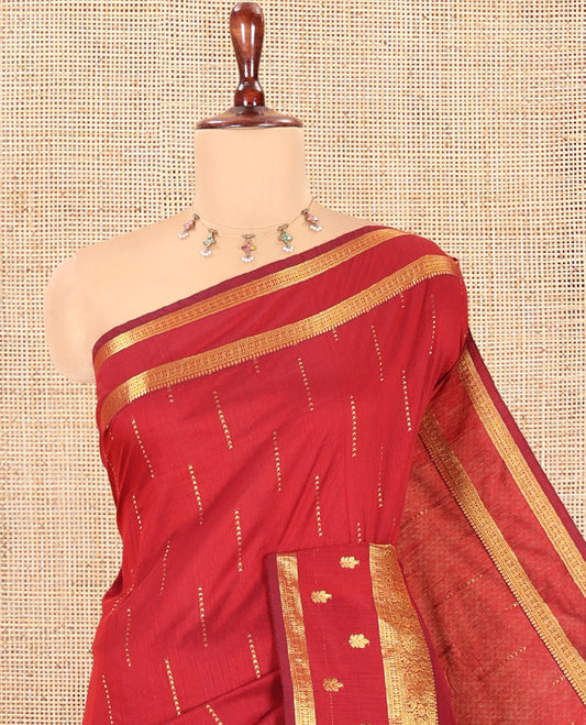 Maroon Kalyani Cotton Saree, Delicately Woven with Buttas, a Traditional Zari Border, Grand Pallu, and a Matching Blouse