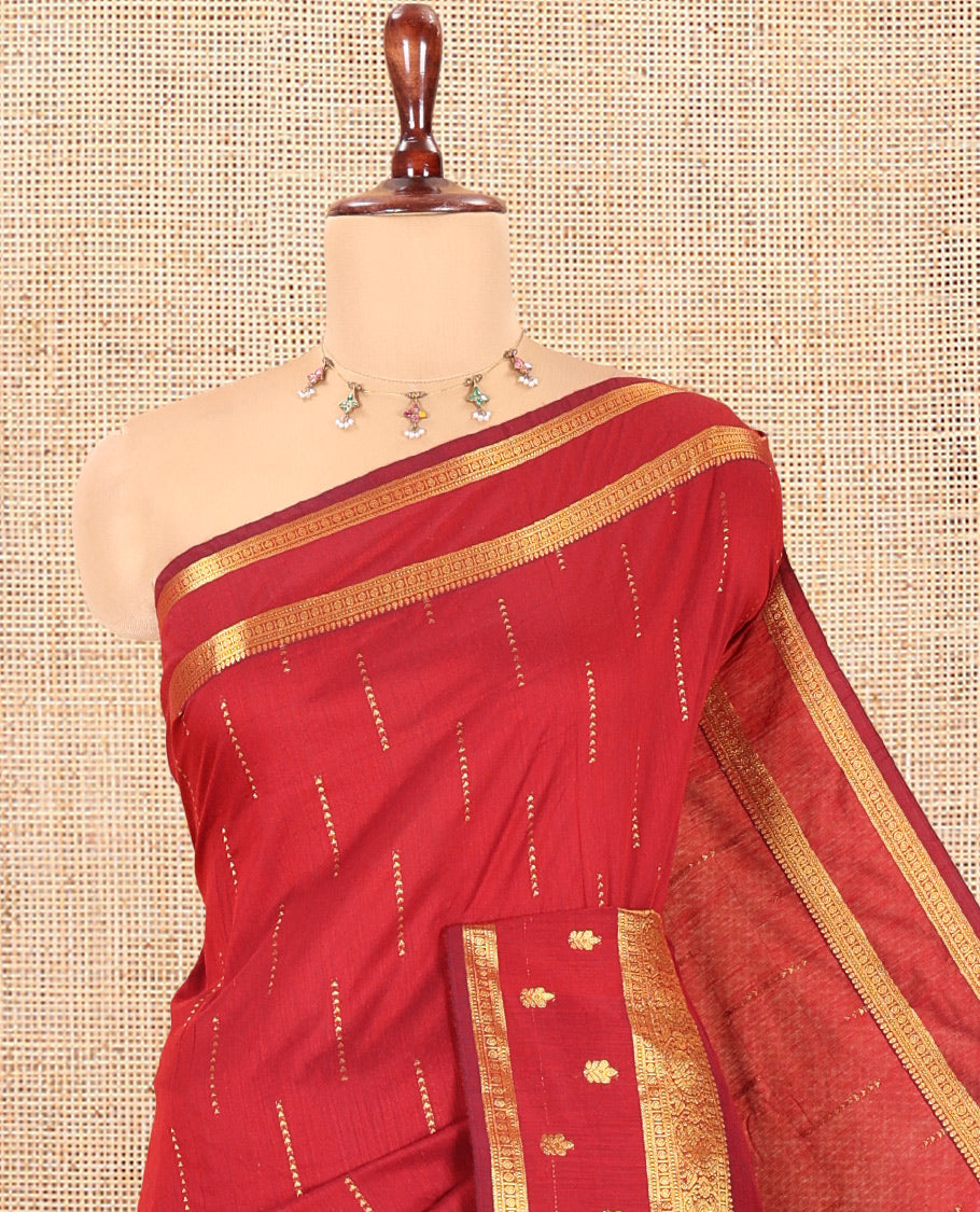 Maroon Kalyani Cotton Saree, Delicately Woven with Buttas, a Traditional Zari Border, Grand Pallu, and a Matching Blouse