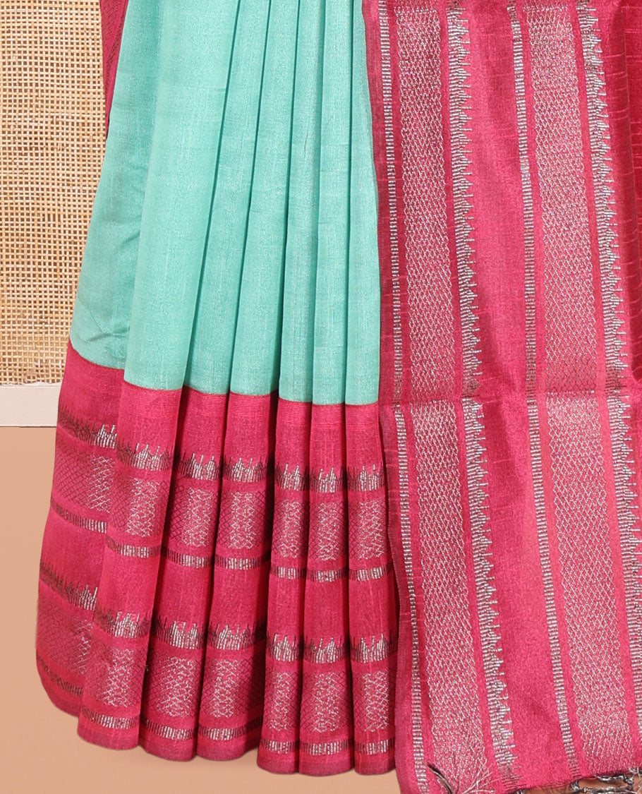 Sea Blue Plain Semi-Raw Silk Saree, a Contrast Silver Zari Border, a Contrast Pallu, and a Contrast Blouse