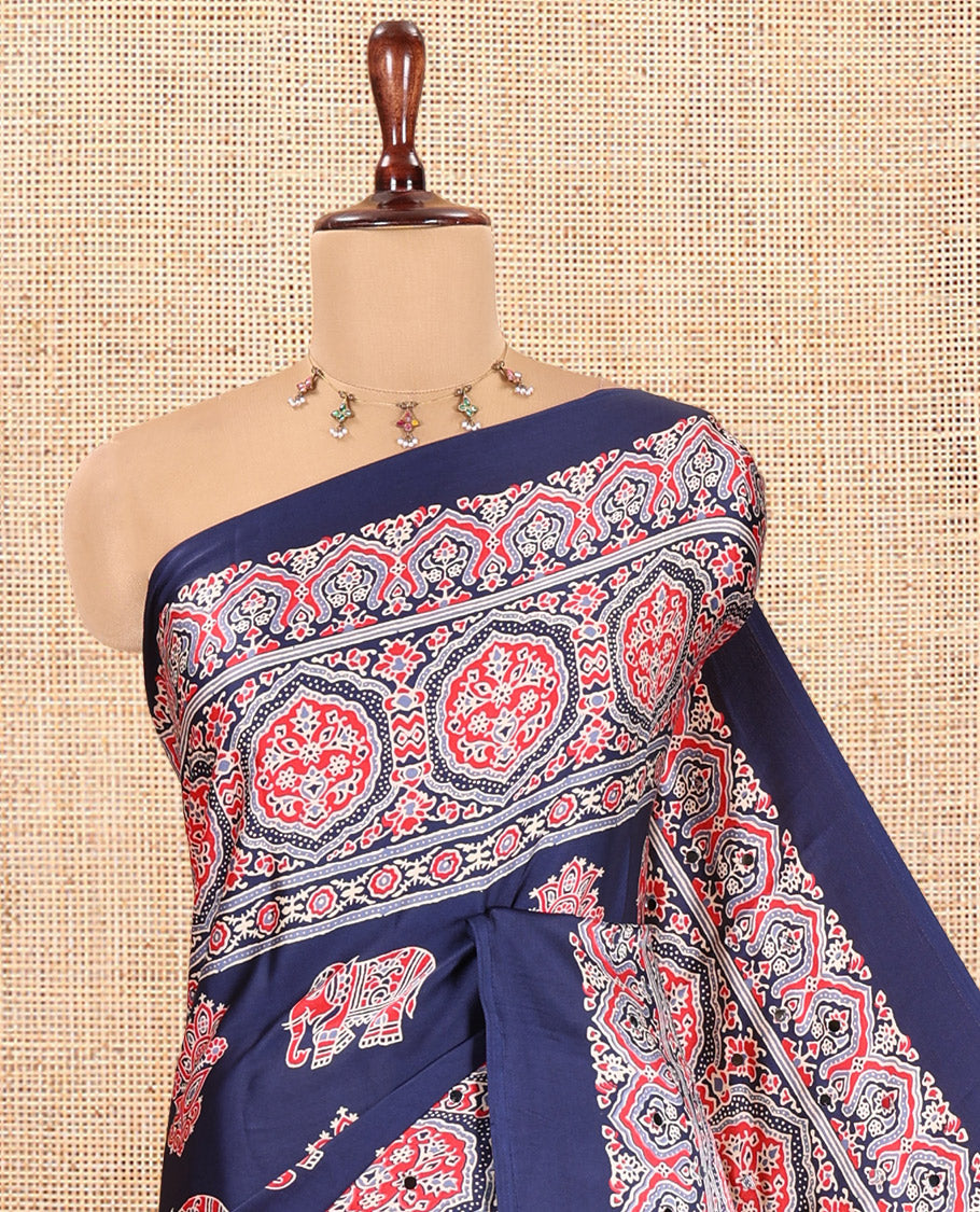 Navy Blue Satin Crepe Saree, Adorned with Ajrakh and Elephant Print, Intricately Printed Border, a Matching Blouse