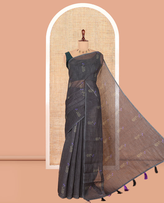Borderless Black-Violet Linen Cotton Saree