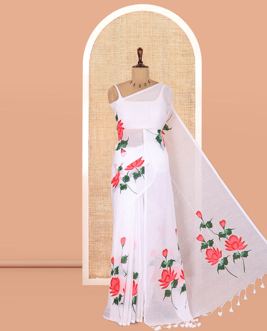 Borderless White Khadi Mul Cotton Saree