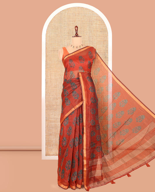 Rust Orange Chanderi Cotton Saree