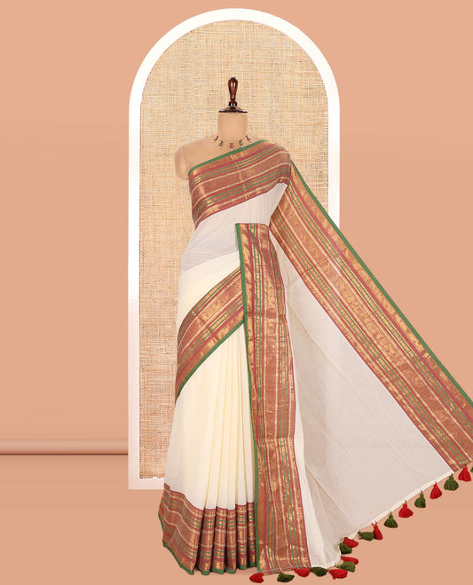 Cream Plain Khadi Mul Cotton Saree