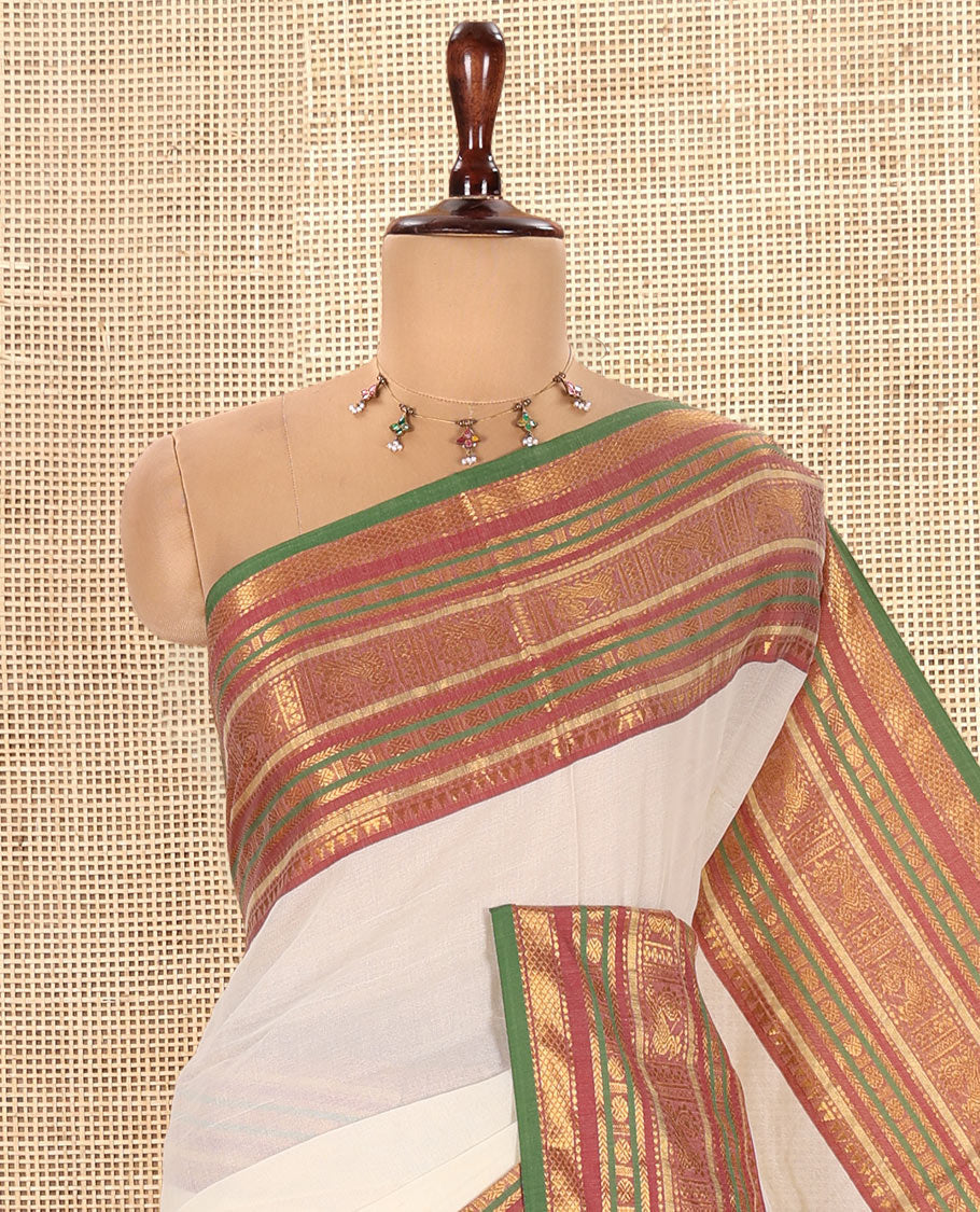 Cream Plain Khadi Mul Cotton Saree
