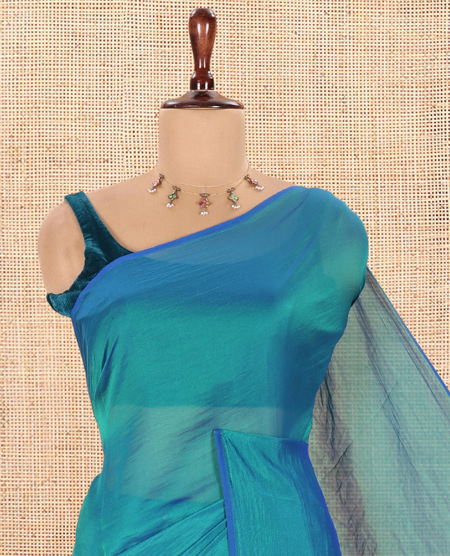 Borderless Rama Blue Plain Fendi Chiffon Saree