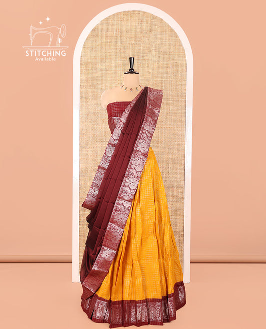 Mango Yellow and Maroon Sungudi Cotton Half-Saree, Adorned with Micro-Zari Checks on Its Skirt, Complemented by a Contrast Peacock Zari Border, Paired with a Contrast Blouse, and a Contrast Syska Georgette Zari-Bordered Dhavani