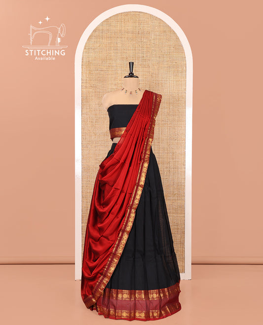 Black-Red Chettinad Cotton Half-Saree Features Plain Skirt, Contrast Traditional Rettai Pettu Border, Matching Blouse, Syska Georgette Dhavani