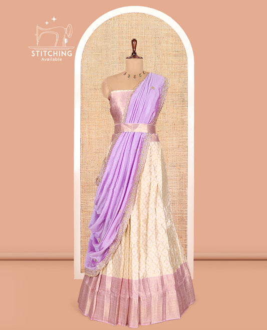 Cream-Light Lavender Semi-Silk Half-Saree