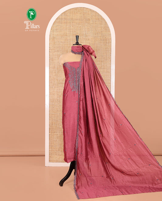 Pink Vichitra Silk Material Chudidar Set, Subtly Sparkled with Embroidered Top, a Plain Santoon Bottom, and Paired with a Matching Vichitra Silk Embroidered Scallop Dupatta