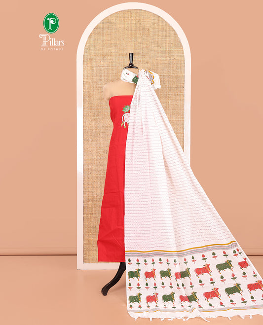 Red Material Chudidar Set, Artfully Woven with Pichwai Cow Motifs Embroidered Cotton Top, Complemented by a Contrast Plain Cotton Bottom, Paired with Pichwai Printed Dupatta