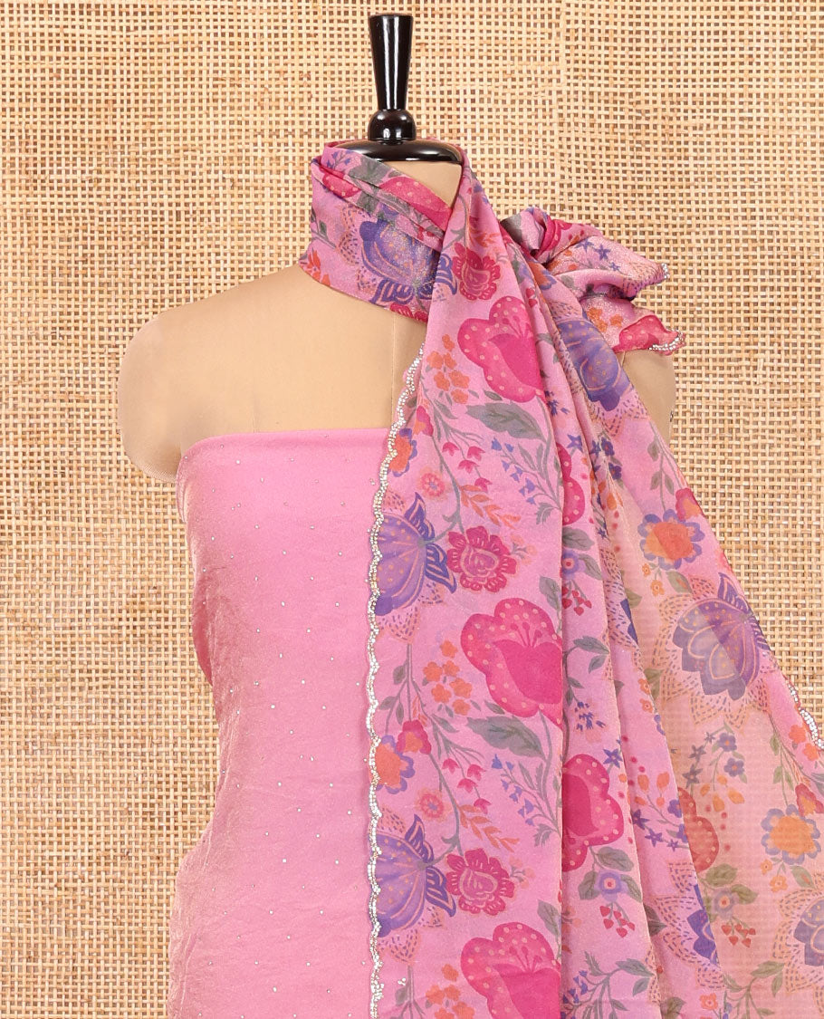 Pink Moss Organza Material Chudidar Set, Gleamed Up with Stonework Top, a Plain Santoon Bottom, and Paired with Floral Print and Scallop Stonework Dupatta