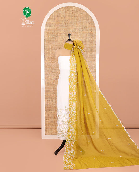 Cream-Mustard Organza Material Chudidar, Floral Thread Embroidery Top, Contrast Bottom, and Embroidered Scallop Dupatta