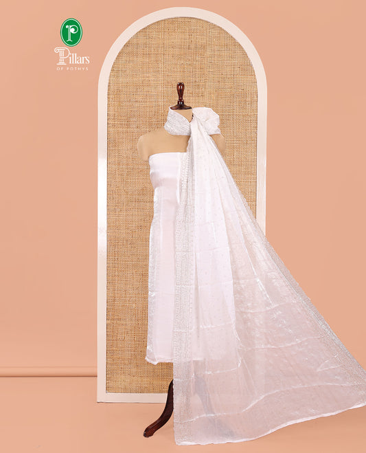 Cream Fendi Organza Material Chudidar Fetaures Pom-Pom-Neckline Top, Plain Bottom, and Scallop Embroidered Dupatta