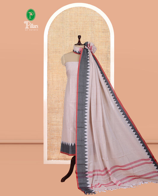 Chikku Mercerised Cotton Material Churidar Features Plain Top, Contrast Thread Temple Border, Matching Bottom, Temple Dupatta