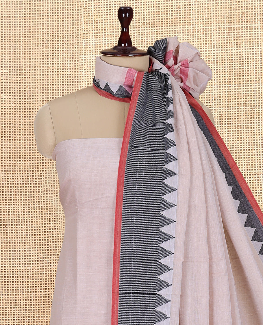 Chikku Mercerised Cotton Material Churidar Features Plain Top, Contrast Thread Temple Border, Matching Bottom, Temple Dupatta