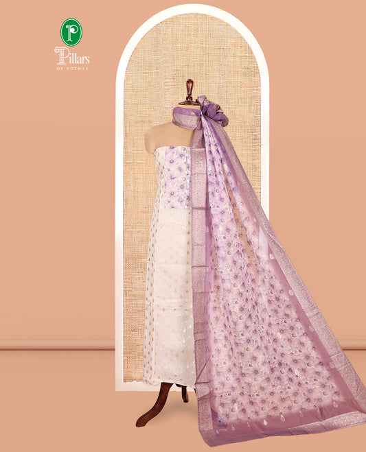 Cream-Lavender Banarasi Tissue Chanderi Material Chudidar, Buttas Top, Contrast Bottom, Floral Print Dupatta