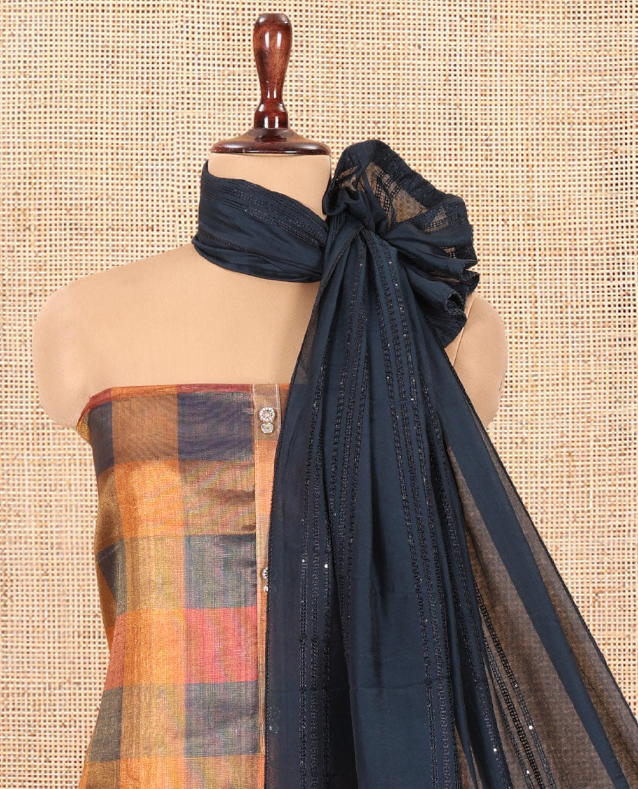 Multi-Color Shimmer Tissue Material Churidar Showcasing Madras Checks Neckwork Top, a Contrast Bottom, Sequins Striped Dupatta