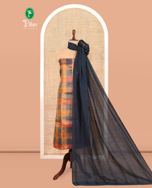 Multi-Color Shimmer Tissue Material Churidar Showcasing Madras Checks Neckwork Top, a Contrast Bottom, Sequins Striped Dupatta