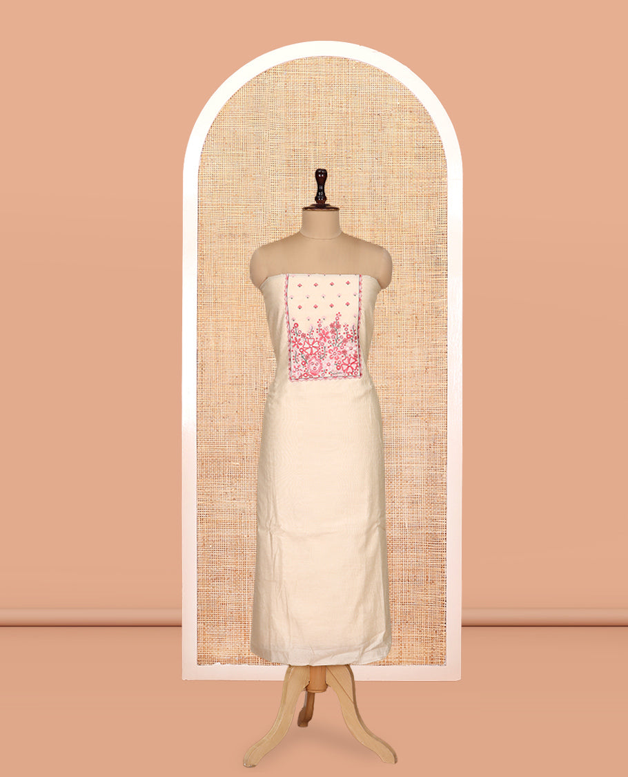 Cream Mul Chanderi Material Churidar Features Floral Embroidered Top, a Plain Bottom, a Floral Embroidered Scallop Dupatta