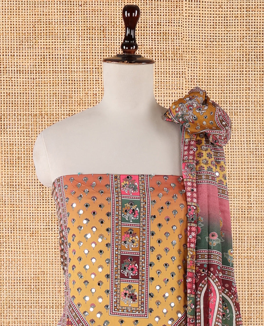 Yellow chudidar material set, floral & geometric printed with mirror work crepe top, mughal-style floral printed & mirror work chinon dupatta & plain crepe bottom