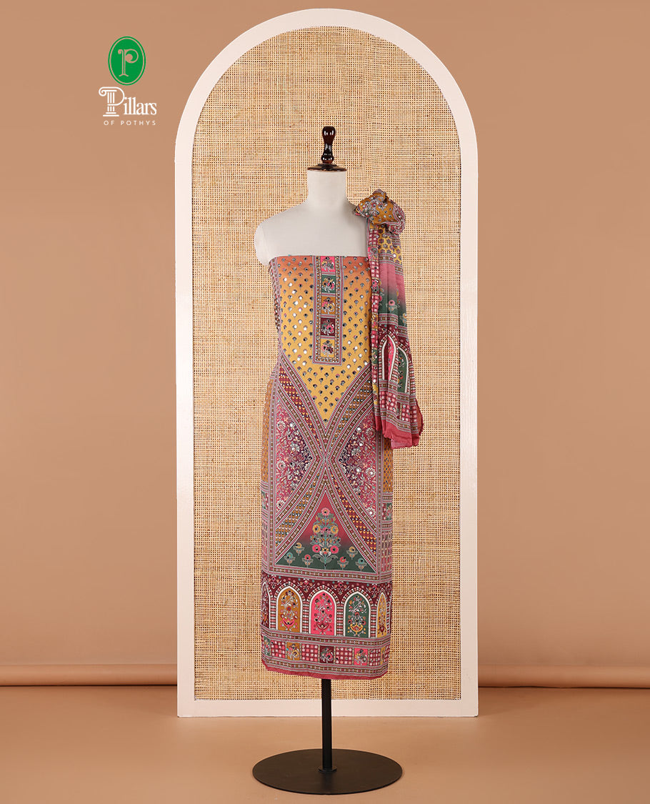 Yellow chudidar material set, floral & geometric printed with mirror work crepe top, mughal-style floral printed & mirror work chinon dupatta & plain crepe bottom