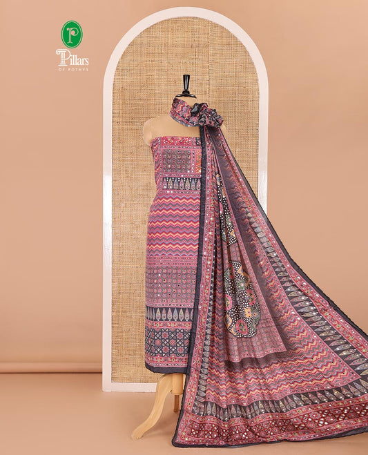 Multi-color material chudidar set, geometric and ajrakh printed with mirror work crepe top, plain black bottom, and intricately printed and miror work chinon dupatta