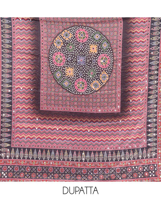 Multi-color material chudidar set, geometric and ajrakh printed with mirror work crepe top, plain black bottom, and intricately printed and miror work chinon dupatta
