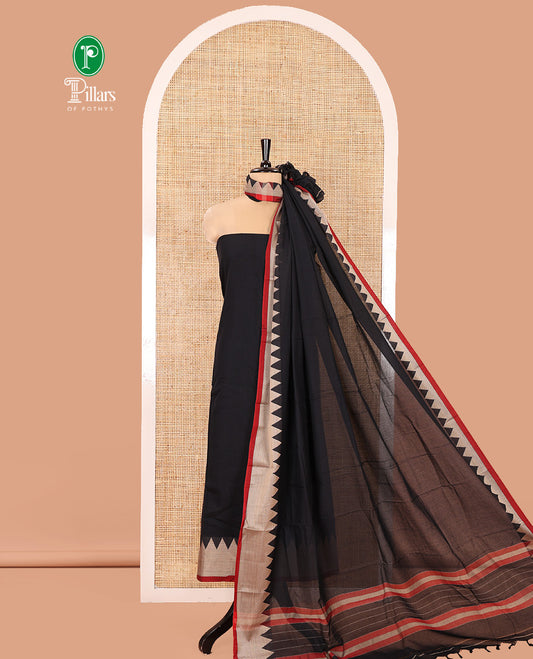 Black Mercerised Cotton Material Churidar Set, Featuring Plain and Temple Bordered Top, Comes with a Plain Mercerised Cotton Bottom, and Paired with a Mercerised Cotton Temple-Patterned Dupatta