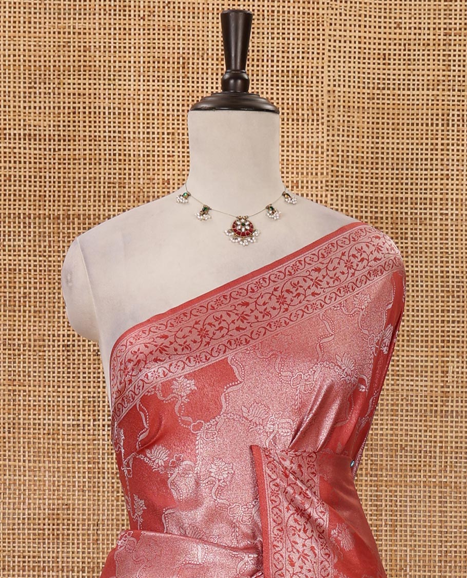 Red lotus zari jacquard softy saree, floral vine zari border, zari woven floral design pallu & matching zari jacquard blouse