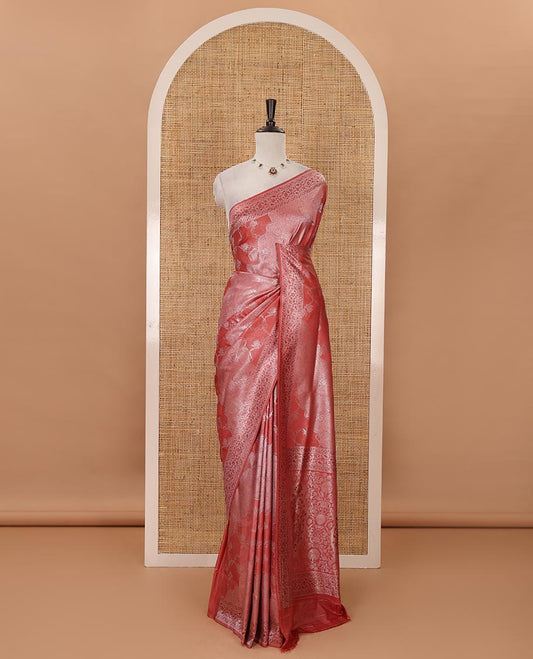 Red lotus zari jacquard softy saree, floral vine zari border, zari woven floral design pallu & matching zari jacquard blouse