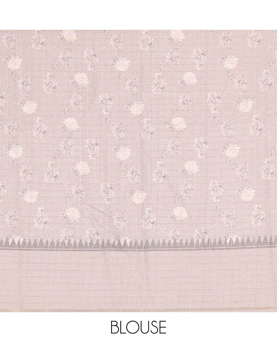 Ink blue floral motifs printed fancy tussar saree, contrast temple checked border, checked pallu, and a contrast checks and floral printed blouse