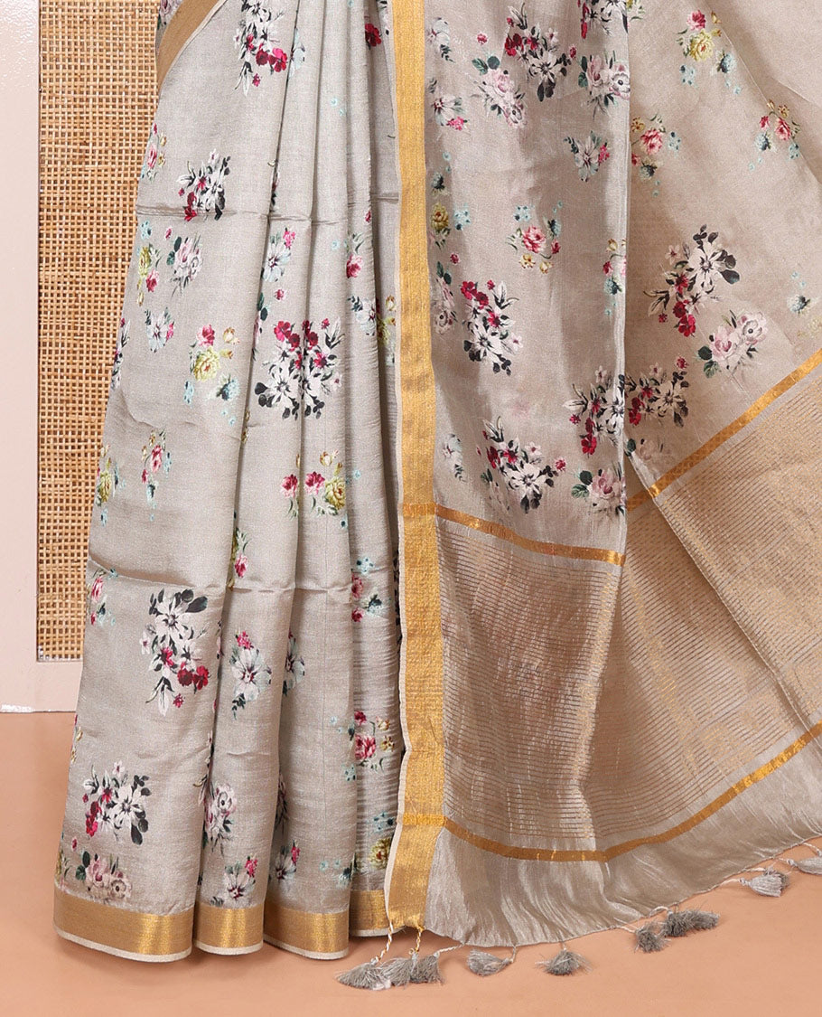 Grey floral motifs digital printed banana pith saree, piping border, striped pallu, and floral printed blouse