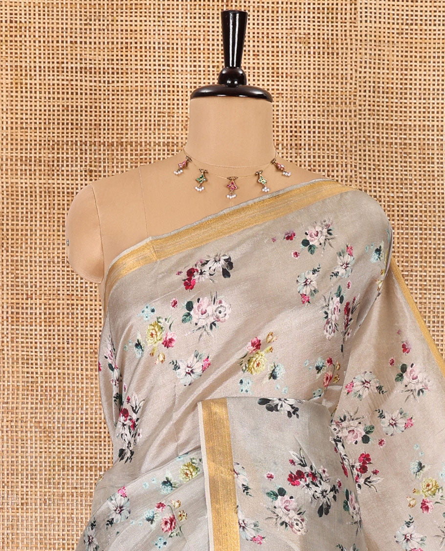 Grey floral motifs digital printed banana pith saree, piping border, striped pallu, and floral printed blouse