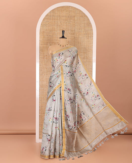 Grey floral motifs digital printed banana pith saree, piping border, striped pallu, and floral printed blouse