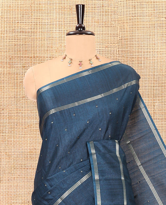 Blue zari buttas fancy tussar silk saree, zari bentex border, plain pallu, and a matching zari striped blouse