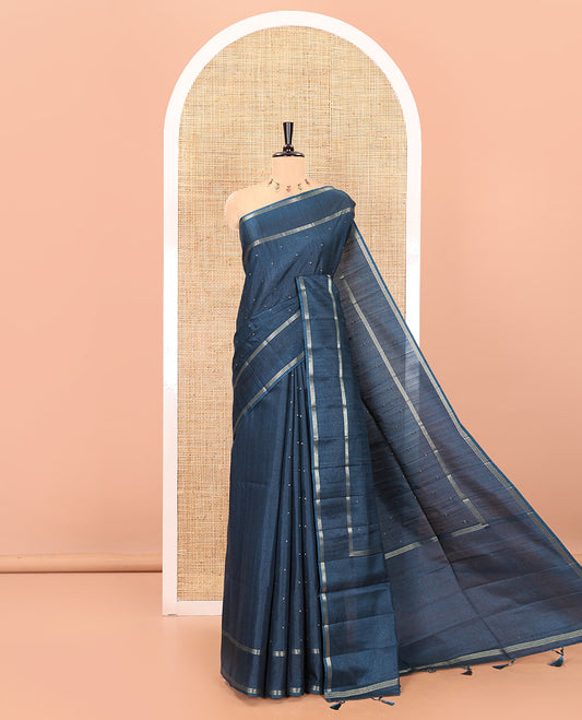 Blue zari buttas fancy tussar silk saree, zari bentex border, plain pallu, and a matching zari striped blouse