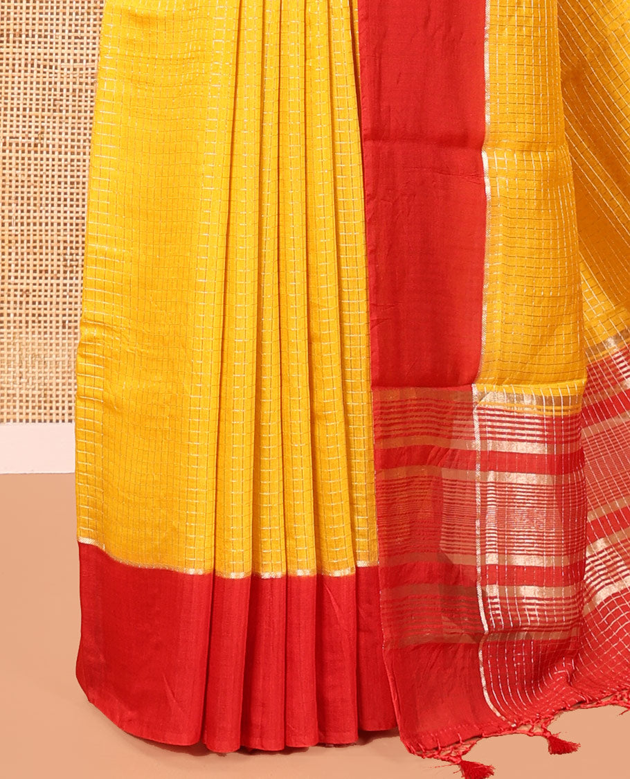 Yellow Assam Silk Saree, Subtly Sparkled with Zari Checked Design on Its Body, Complemented by Contrast Border, Pallu Steeped with Gleaming Zari Stripes, and Paired with a Contrast Blouse