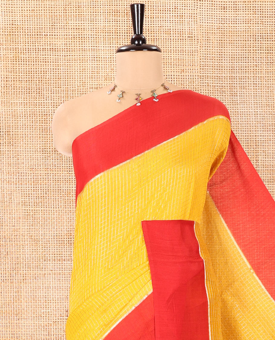 Yellow Assam Silk Saree, Subtly Sparkled with Zari Checked Design on Its Body, Complemented by Contrast Border, Pallu Steeped with Gleaming Zari Stripes, and Paired with a Contrast Blouse