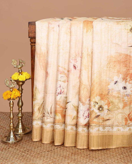 Chikku color with orange digital floral print, kadi print tussar silk saree with bhavanji border & floral print pallu along with plain blouse