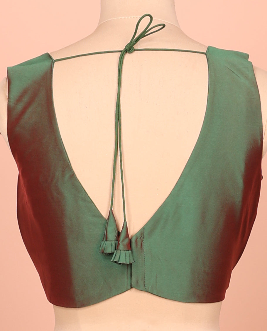 Green Dual-Toned Plain Readymade Blouse Featuring a Front V-Neck, Back Deep V-Neck, and Sleeveless