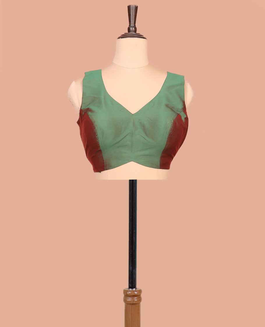 Green Dual-Toned Plain Readymade Blouse Featuring a Front V-Neck, Back Deep V-Neck, and Sleeveless