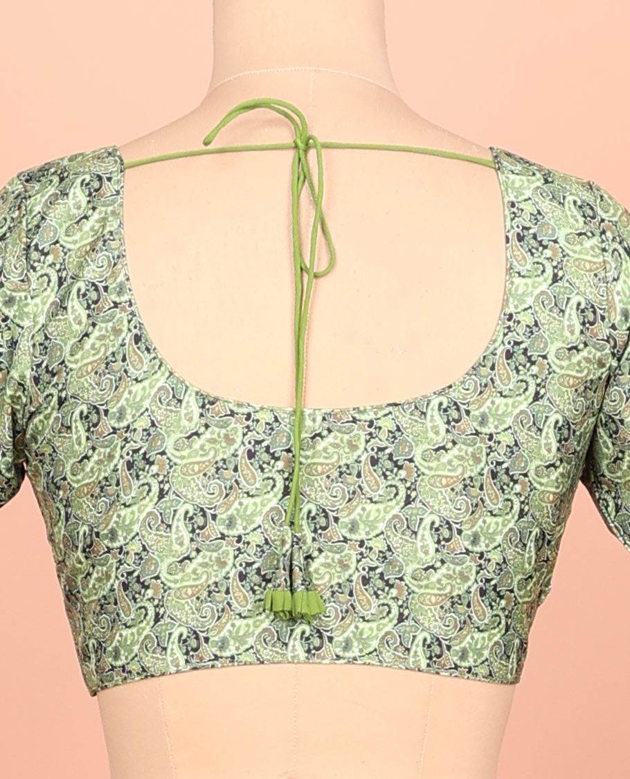 Green paisleys printed front-back round-neck elbow sleeve readymade blouse