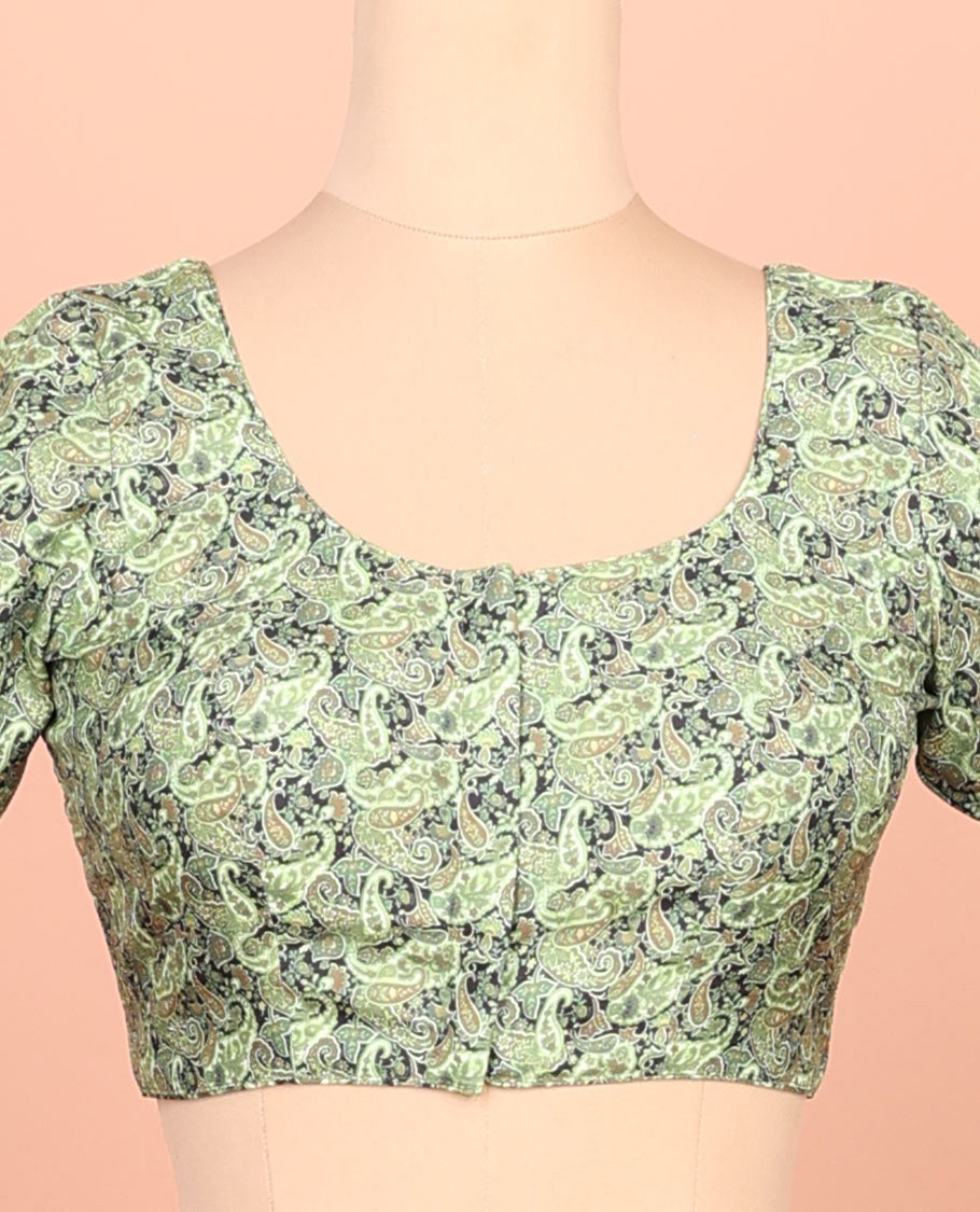 Green paisleys printed front-back round-neck elbow sleeve readymade blouse