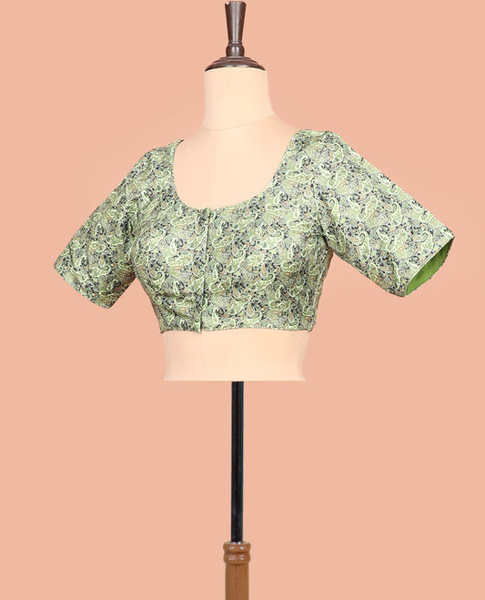 Green paisleys printed front-back round-neck elbow sleeve readymade blouse